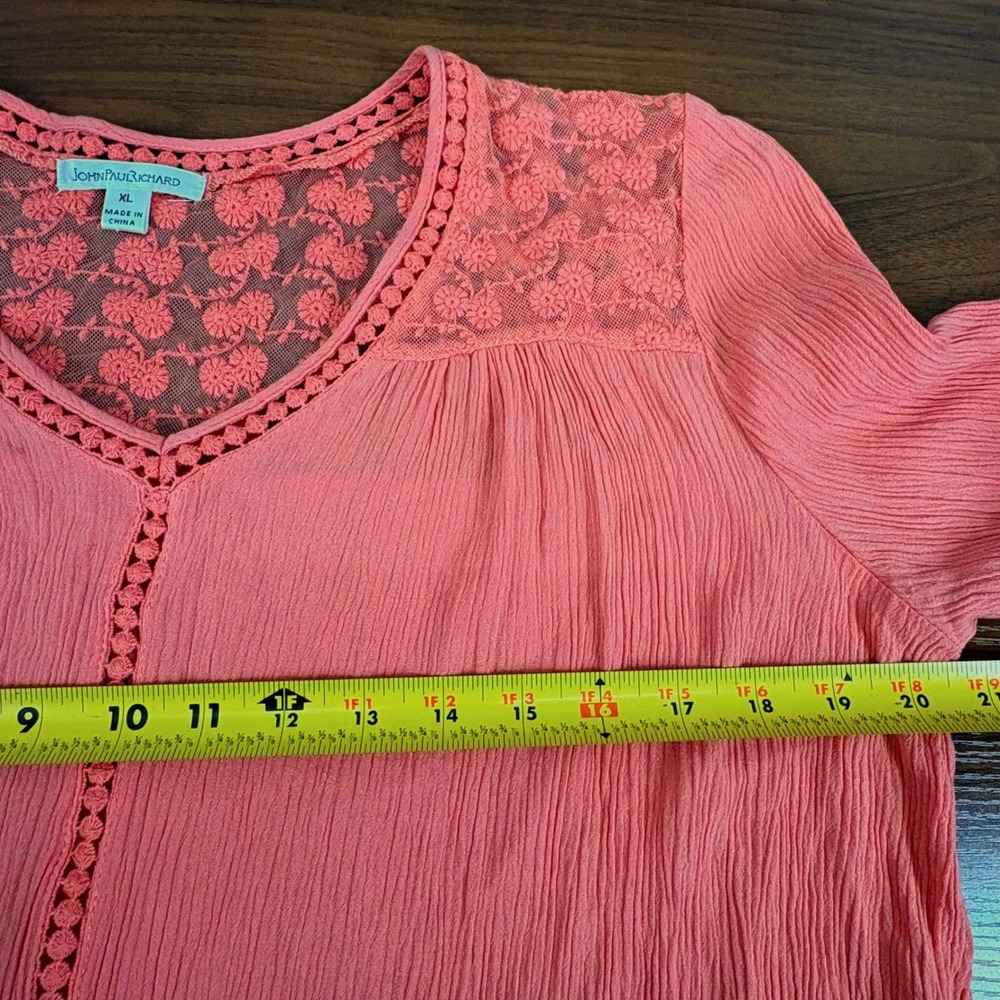 John Paul Richard Coral Lace V-Neck 3/4 Sleeve Textured Crochet Tunic Top XL - Picture 7 of 10